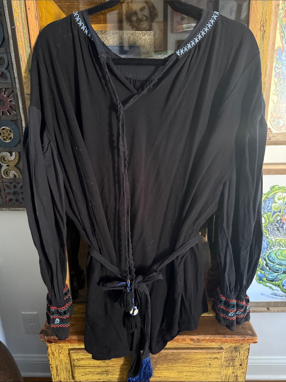 Free People Black Embroidered Tie-Waist Peasant Top